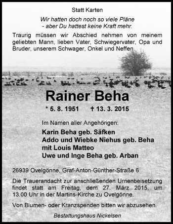 Traueranzeige von Rainer Beha von Nordwest-Zeitung