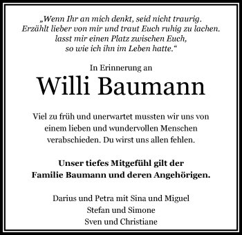 Traueranzeige von Willi Baumann von Nordwest-Zeitung