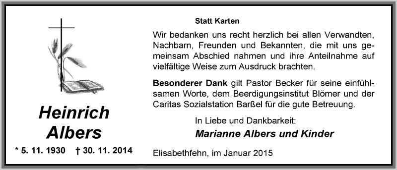  Traueranzeige für Heinrich Albers vom 16.01.2015 aus Nordwest-Zeitung
