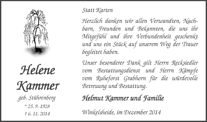  Traueranzeige für Helmut und Helene Kammer vom 03.01.2015 aus Nordwest-Zeitung