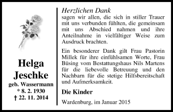 Traueranzeige von Helga Jeschke von Nordwest-Zeitung