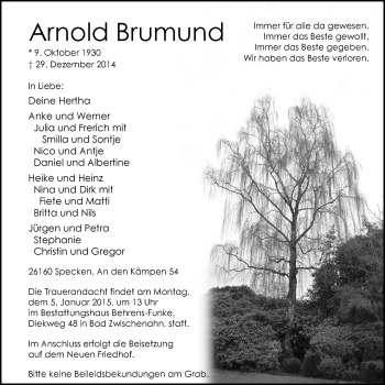 Traueranzeige von Arnold Brumund von Nordwest-Zeitung