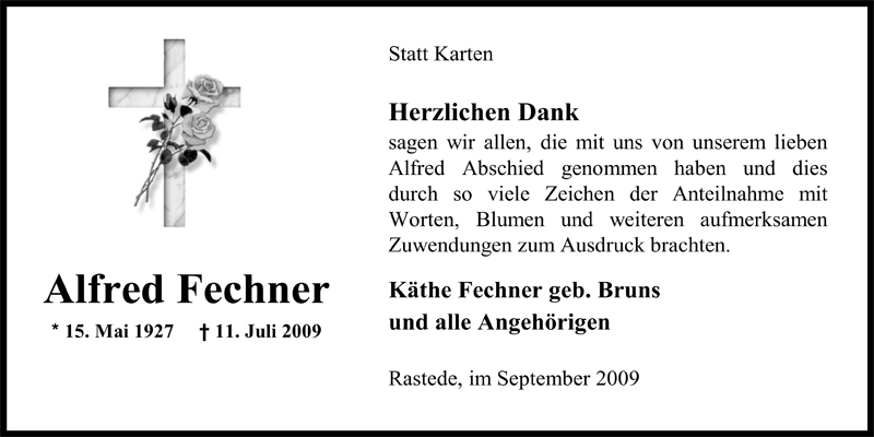  Traueranzeige für Alfred Fechner vom 26.09.2009 aus Nordwest-Zeitung