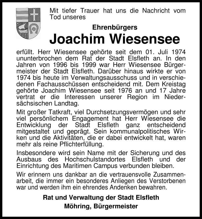  Traueranzeige für Joachim Wiesensee vom 29.08.2009 aus Nordwest-Zeitung