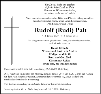 Traueranzeige von Rudolf (Rudi) Palt von Nordwest-Zeitung