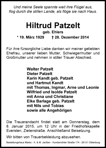Traueranzeige von Hiltrud Patzelt von Nordwest-Zeitung