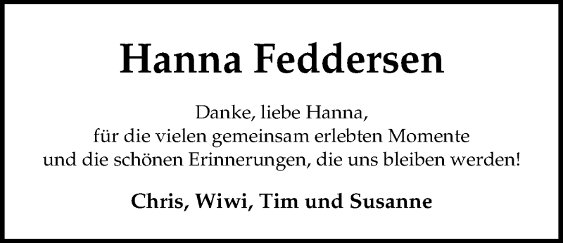  Traueranzeige für Hanna Feddersen vom 02.09.2015 aus Nordwest-Zeitung