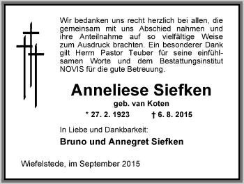 Traueranzeige von Anneliese Siefken von Nordwest-Zeitung