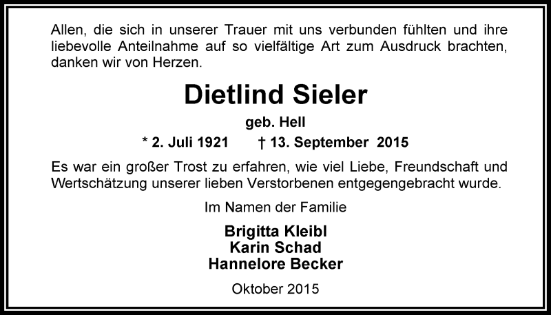  Traueranzeige für Dietlind Sieler vom 10.10.2015 aus Nordwest-Zeitung