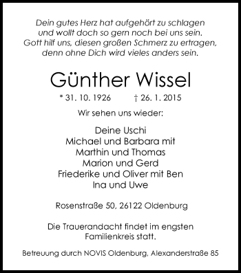 Traueranzeige von Günther Wissel von Nordwest-Zeitung