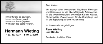 Traueranzeige von Hermann Wieting von Nordwest-Zeitung