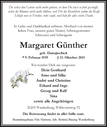 Traueranzeige von Margaret Günther von Nordwest-Zeitung