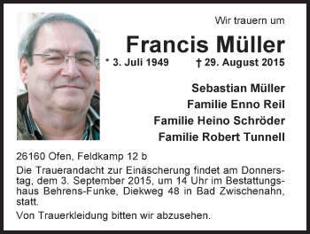 Traueranzeige von Francis Müller von Nordwest-Zeitung