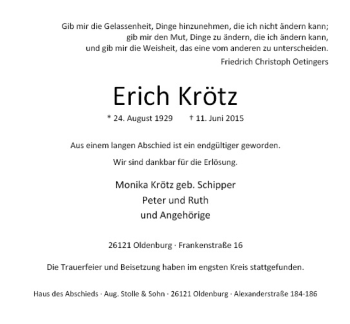 Traueranzeige von Erich Krötz von Nordwest Zeitung