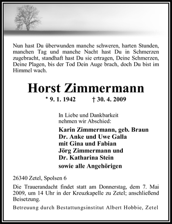 Traueranzeige von Horst Zimmermann von Nordwest-Zeitung