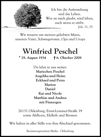 Traueranzeige von Winfried Peschel von Nordwest-Zeitung
