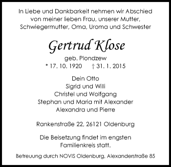Traueranzeige von Gertrud Klose von Nordwest-Zeitung
