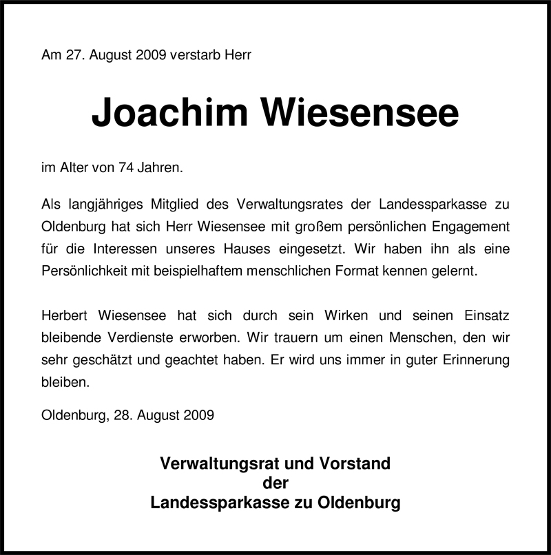  Traueranzeige für Joachim Wiesensee vom 29.08.2009 aus Nordwest-Zeitung