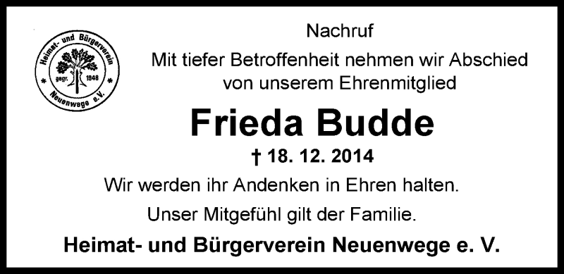  Traueranzeige für Frieda Budde vom 24.01.2015 aus Nordwest-Zeitung
