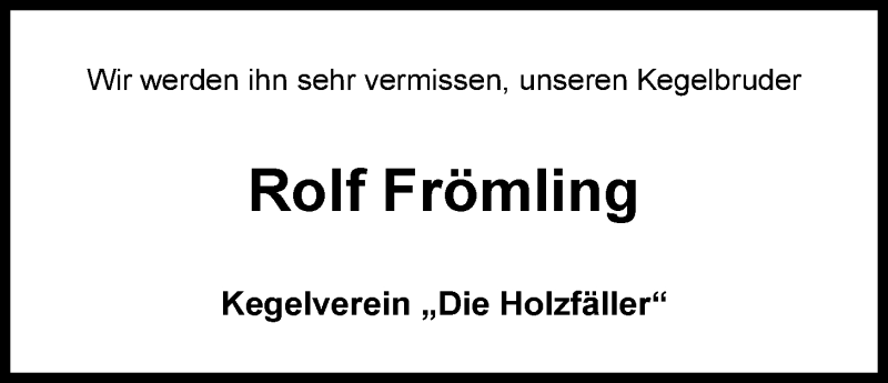  Traueranzeige für Rolf Frömling vom 06.06.2015 aus Nordwest-Zeitung