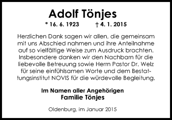 Traueranzeige von Adolf Tönjes von Nordwest-Zeitung