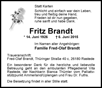 Traueranzeige von Fritz Brandt von Nordwest-Zeitung