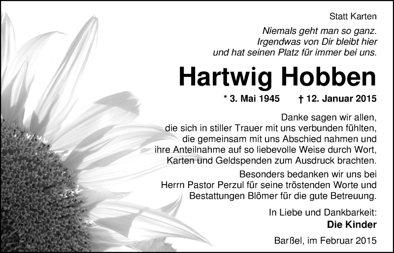  Traueranzeige für Hartwig Hobben vom 21.02.2015 aus Nordwest-Zeitung
