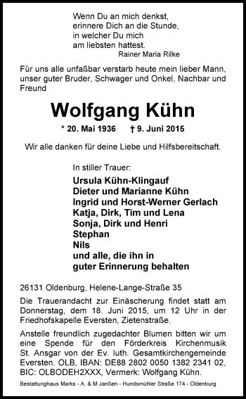 Traueranzeige von Wolfgang Kühn von Nordwest-Zeitung