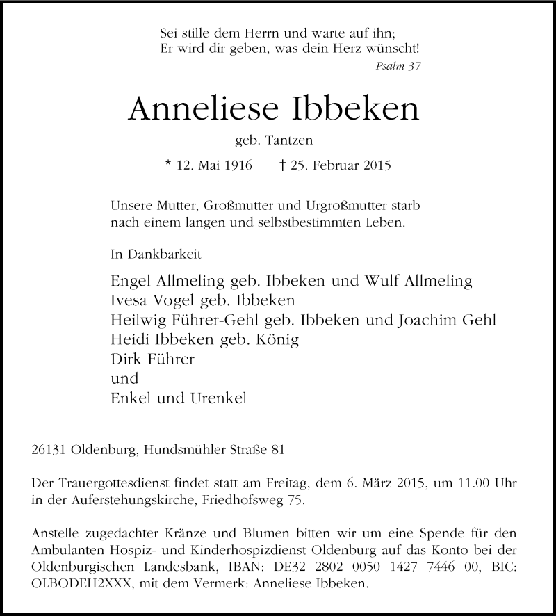  Traueranzeige für Anneliese Ibbeken vom 28.02.2015 aus Nordwest-Zeitung