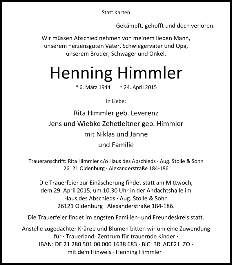  Traueranzeige für Henning Himmler vom 27.04.2015 aus Nordwest-Zeitung