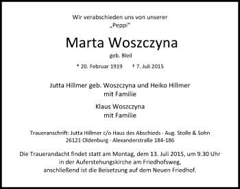 Traueranzeige von Marta Woszczyna von Nordwest-Zeitung
