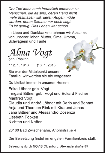 Traueranzeige von Alma Vogt von Nordwest-Zeitung