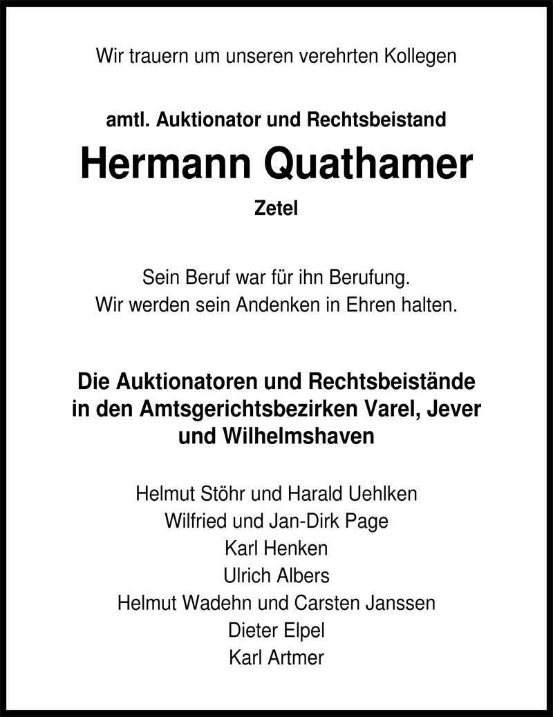  Traueranzeige für Hermann Quathamer vom 18.06.2009 aus Nordwest-Zeitung