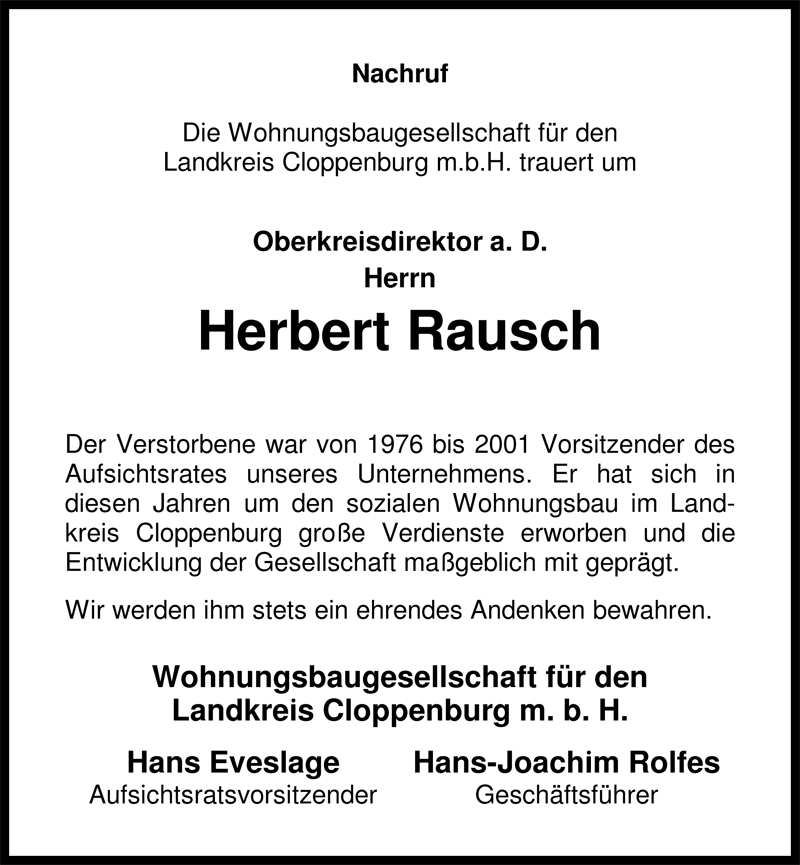  Traueranzeige für Herbert Rausch vom 29.06.2009 aus Nordwest-Zeitung