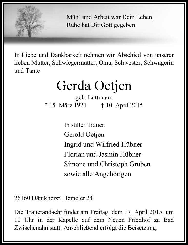  Traueranzeige für Gerda Oetjen vom 14.04.2015 aus Nordwest-Zeitung
