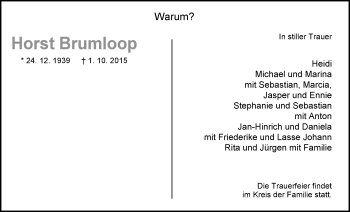 Traueranzeige von Horst Brumloop von Nordwest-Zeitung