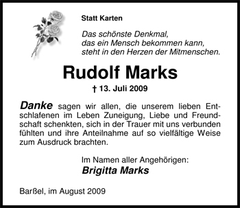 Traueranzeige von Rudolf Marks von Nordwest-Zeitung