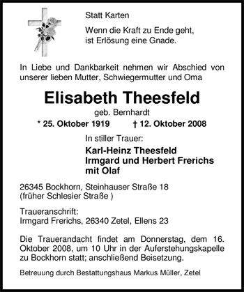 Traueranzeige von Elisabeth Theesfeld von Nordwest-Zeitung