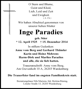 Traueranzeige von Inge Paradies von Nordwest-Zeitung