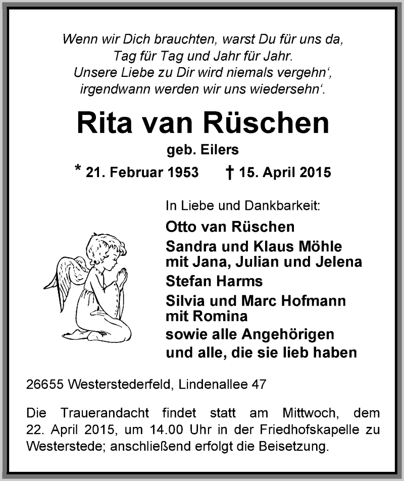  Traueranzeige für Rita van Rüschen vom 18.04.2015 aus Nordwest-Zeitung