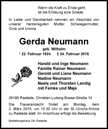 Traueranzeige von Gerda Neumann von Nordwest-Zeitung