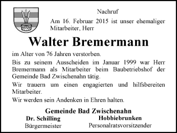 Traueranzeige von Walter Bremermann von Nordwest-Zeitung