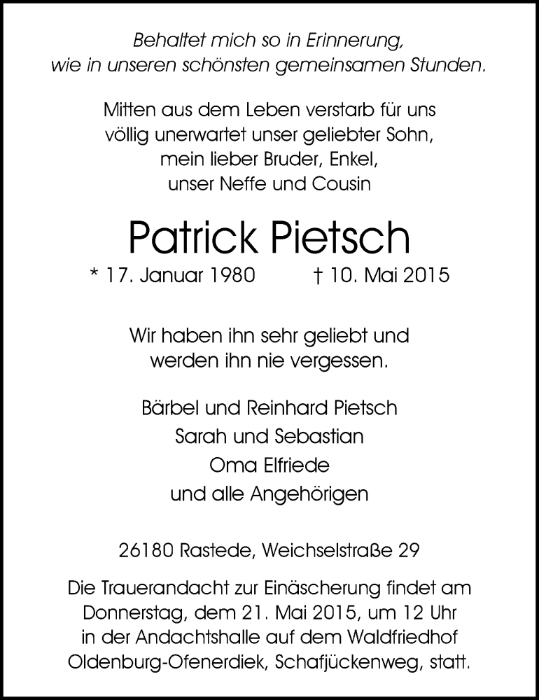  Traueranzeige für Patrick Pietsch vom 16.05.2015 aus Nordwest-Zeitung
