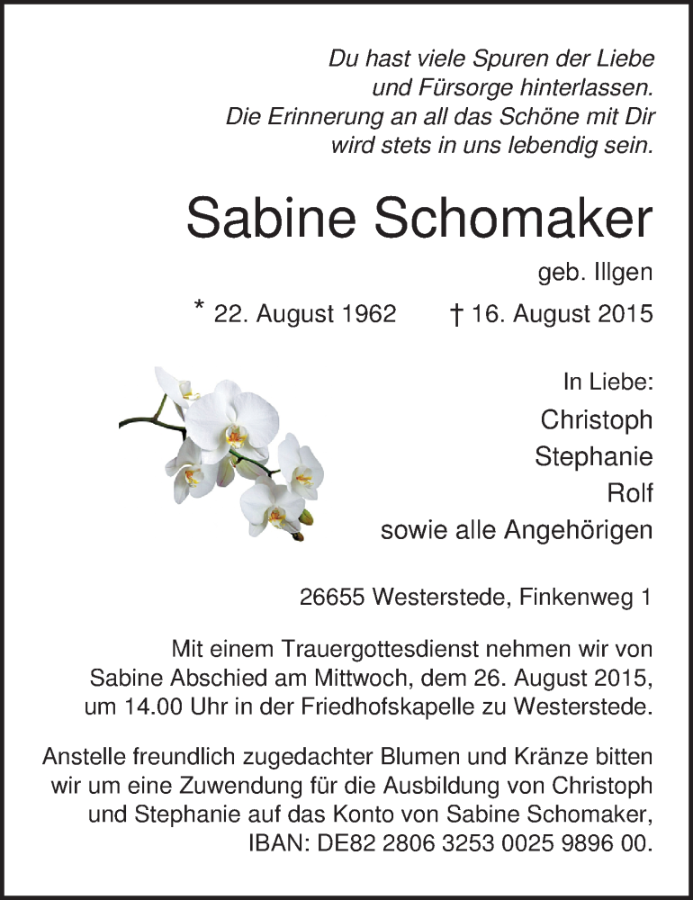  Traueranzeige für Sabine Schomaker vom 20.08.2015 aus Nordwest-Zeitung