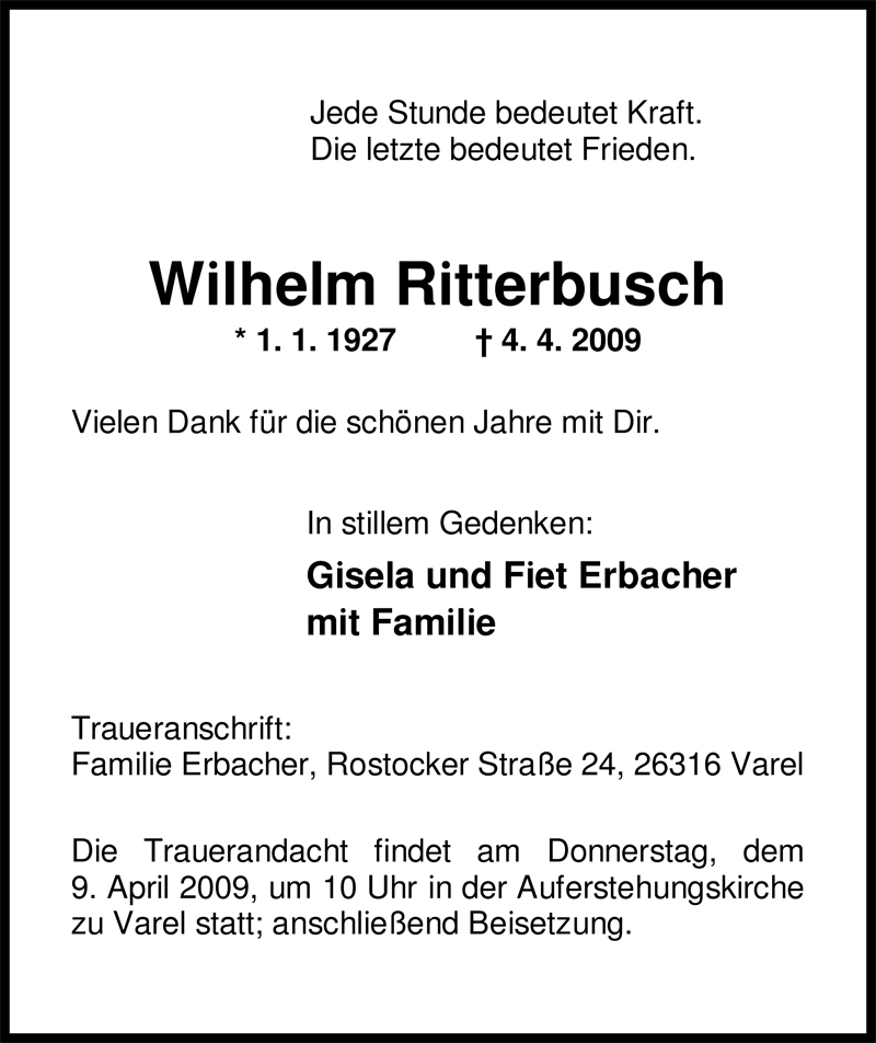  Traueranzeige für Wilhelm Ritterbusch vom 06.04.2009 aus Nordwest-Zeitung