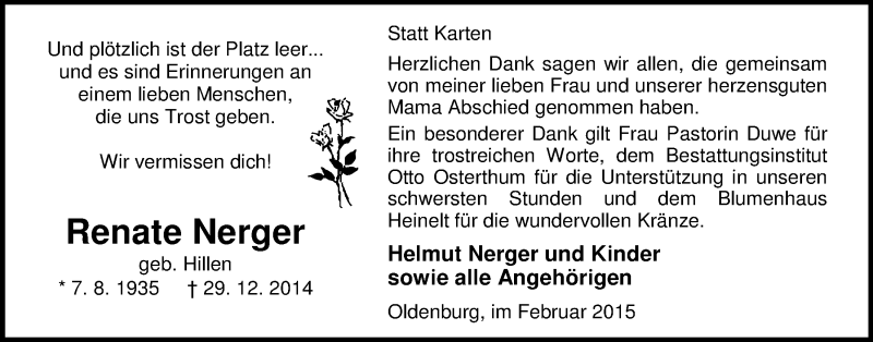  Traueranzeige für Renate Nerger vom 07.02.2015 aus Nordwest-Zeitung