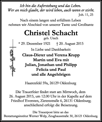 Traueranzeige von Christel Schacht von Nordwest-Zeitung