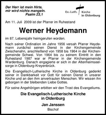 Traueranzeige von Werner Heydemann von Nordwest-Zeitung