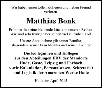 Traueranzeige von Matthias Bonk von Nordwest-Zeitung