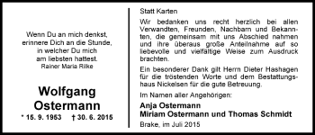 Traueranzeige von Wolfgang Ostermann von Nordwest-Zeitung